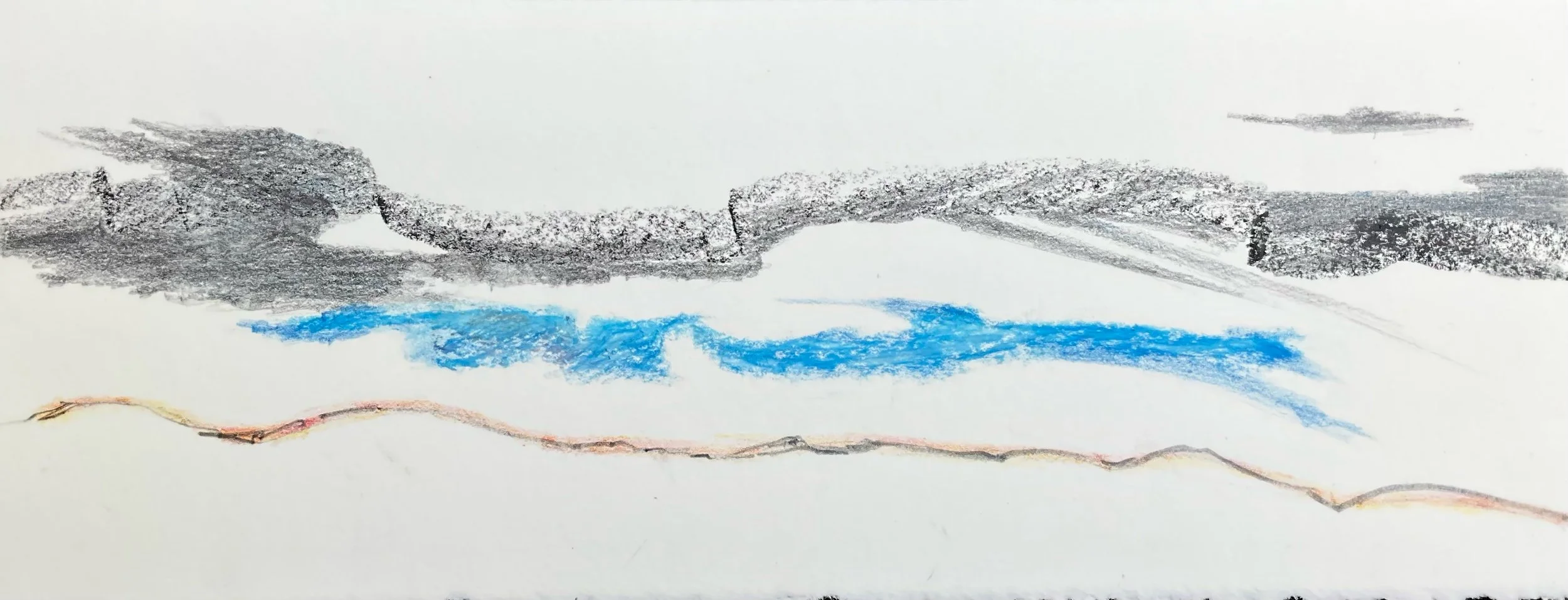 Abstract drawing with black, blue, and red lines and smudges on white paper.