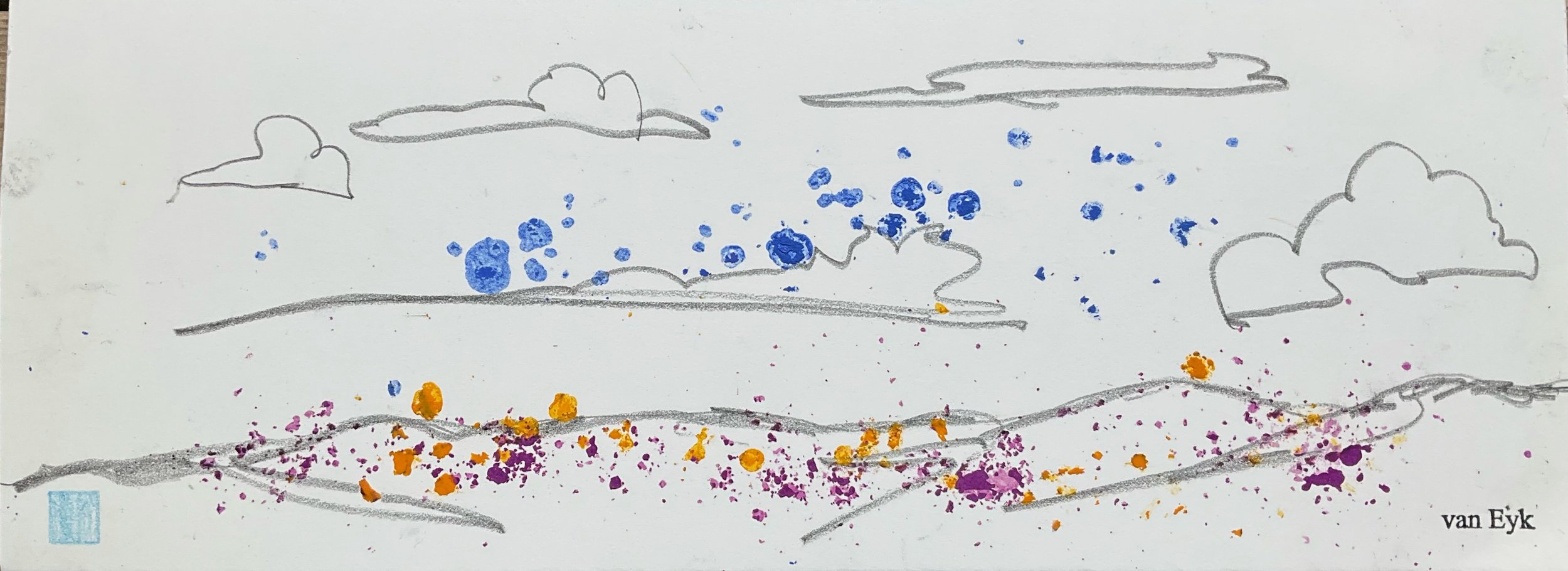 A children's drawing of a landscape with clouds in the sky, blue dots representing rain, and orange and purple dots on the ground, with the name 'van Eyk' in the bottom right corner.