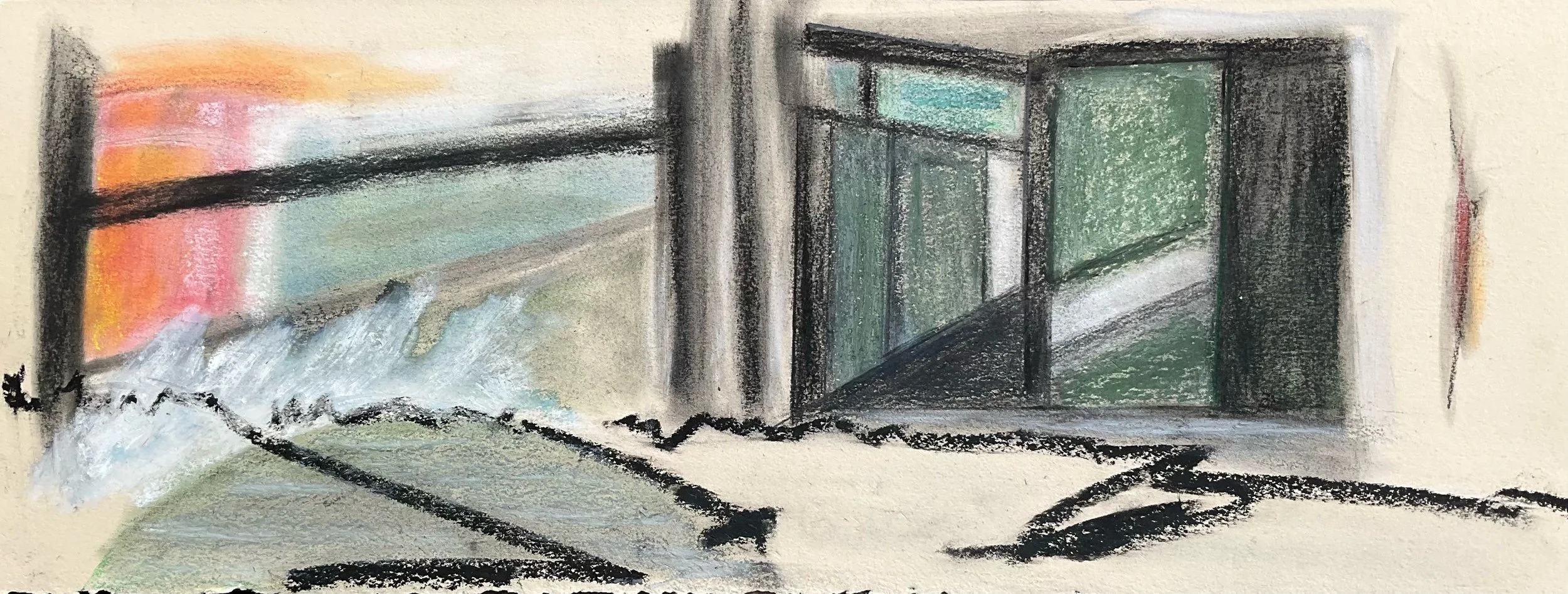 Colorful abstract sketch of water, window, and street scene with buildings at sunset