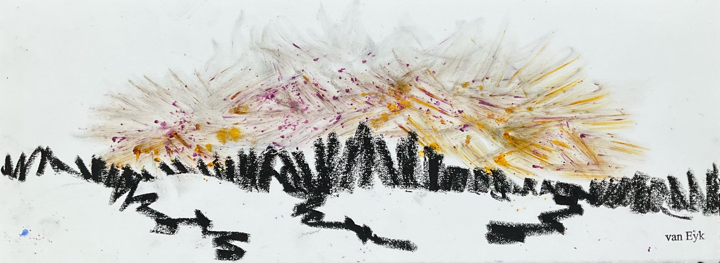 Children's colorful drawing of a mountain landscape with purple, yellow, and brown hues, created with paint and crayon, signed by van Eyk.