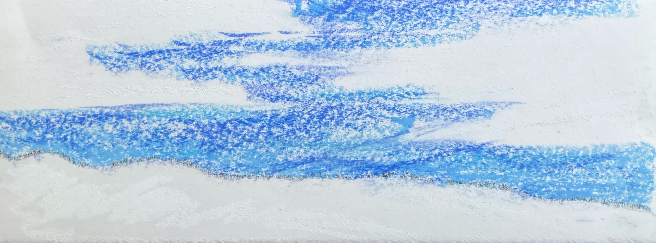 Abstract blue sky and clouds with white background, artistically painted with pastel or crayon.