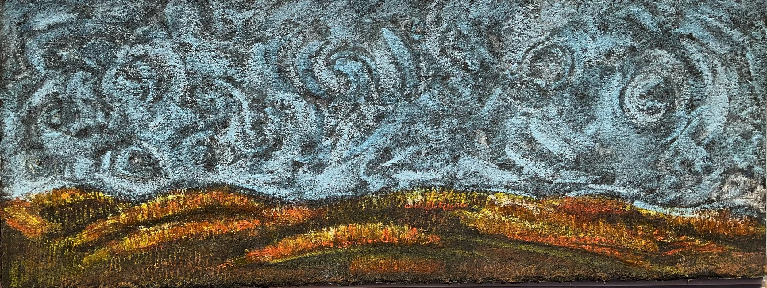 Colorful textured abstract landscape painting with swirling sky and rolling hills in shades of red, orange, yellow, and green.