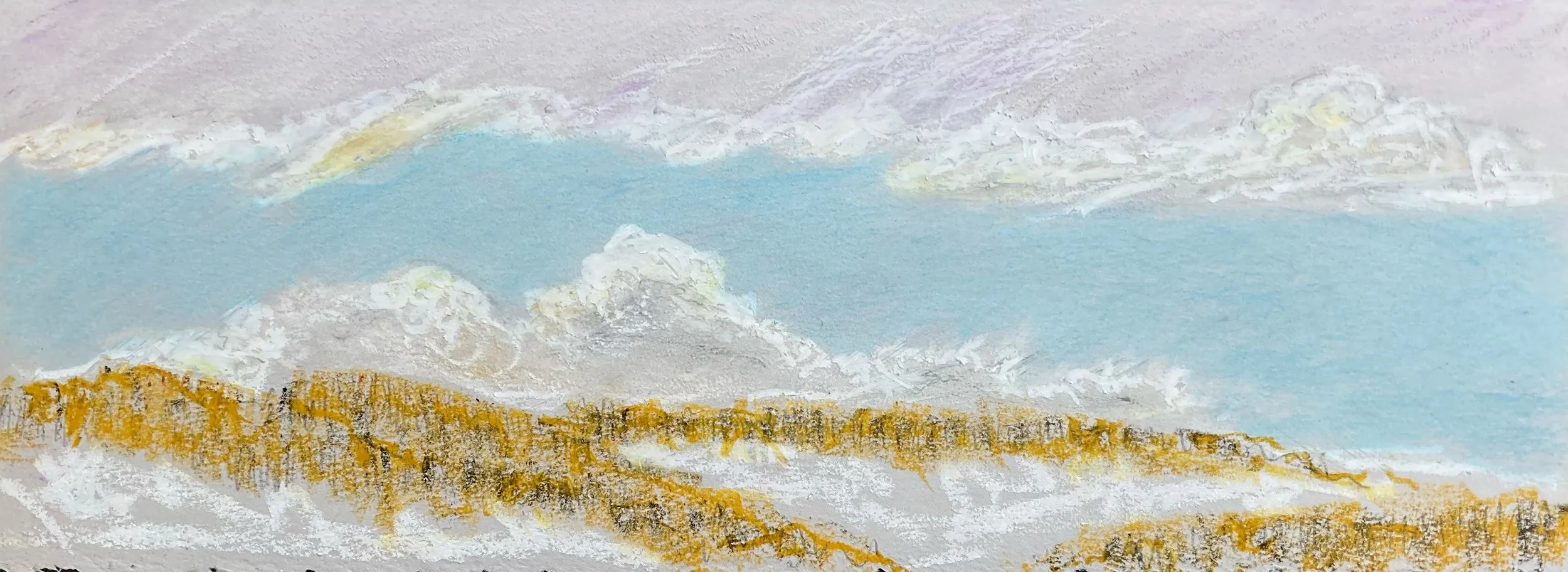 A pastel drawing of a landscape with a cloudy sky, light blue sky, and a scenic horizon with brown and orange hills or cliffs.