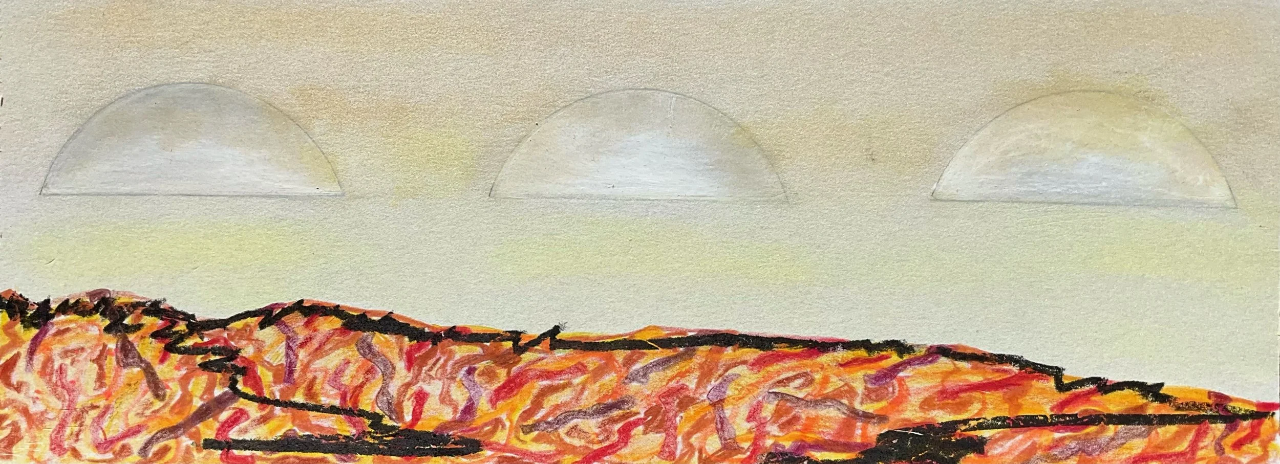 Child's colorful drawing of volcanoes and a pale yellow sky with three white semi-circular shapes.