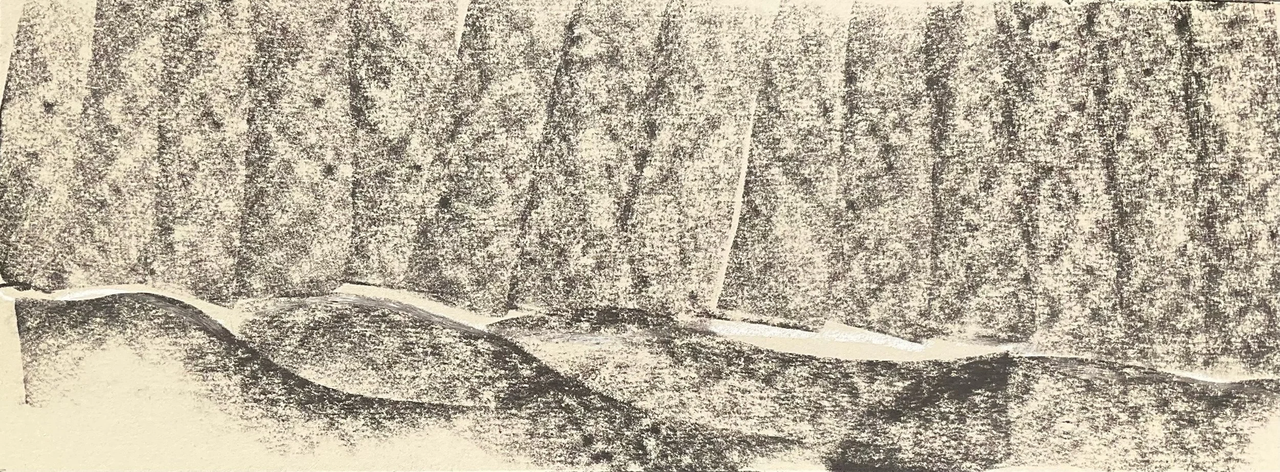 Black and white drawing of a person holding a sword, with trees and a landscape in the background.