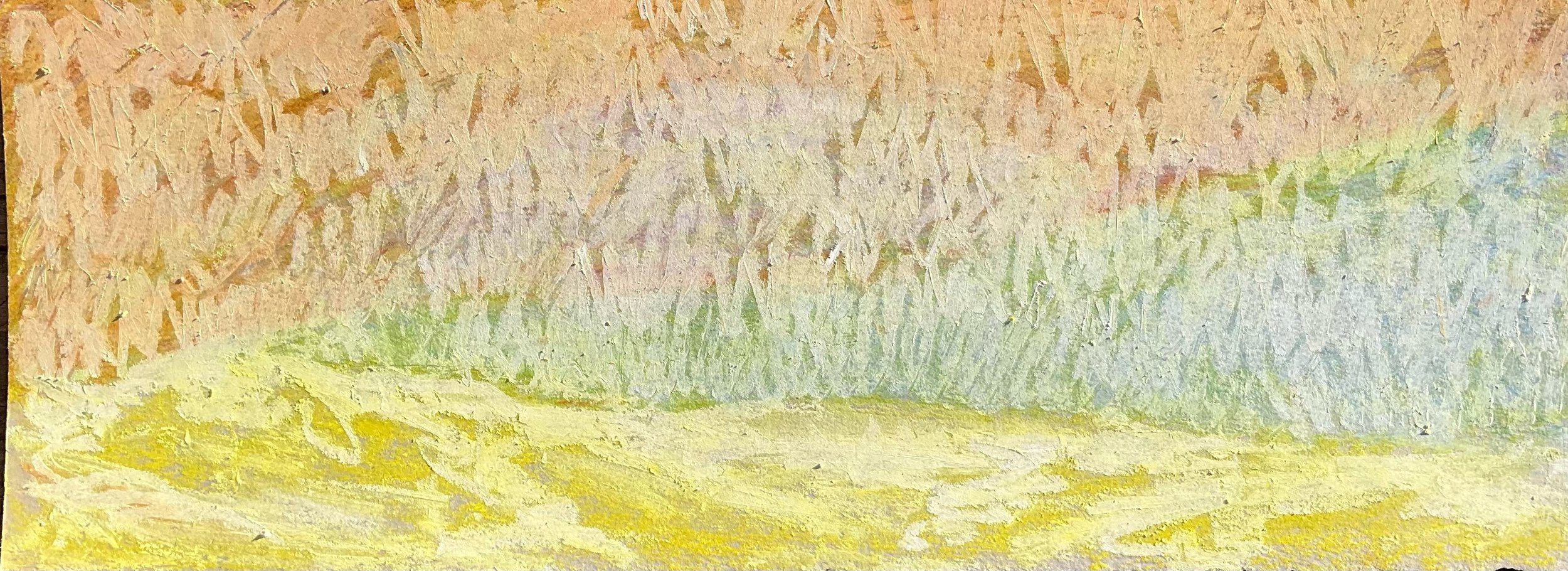 An abstract painting with textured brushstrokes in pastel shades of pink, green, yellow, and light blue.