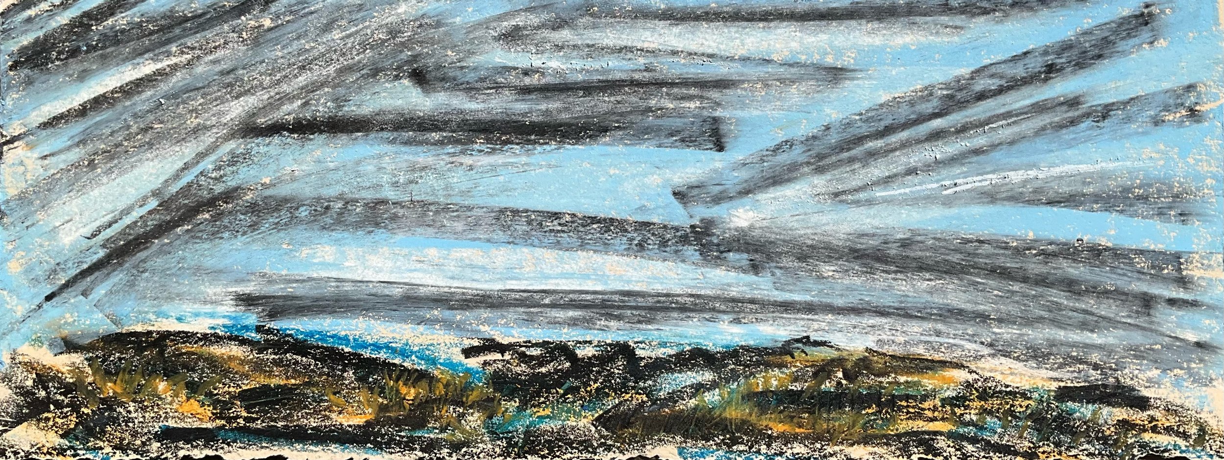 Abstract landscape scene with dark storm clouds in the sky and a patch of blue peeking through, with a hint of greenery or yellow terrain at the bottom.