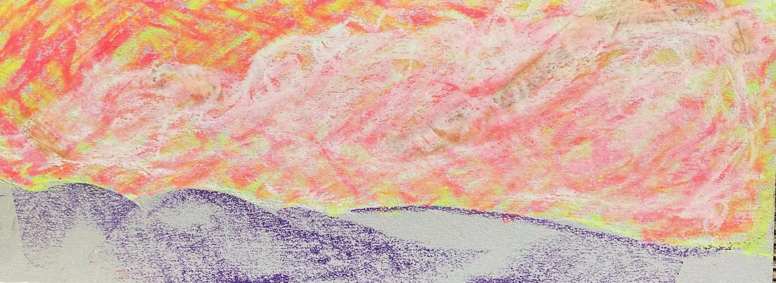 Colorful pastel drawing of a sunset over mountains with pink, orange, yellow clouds and purple hills.