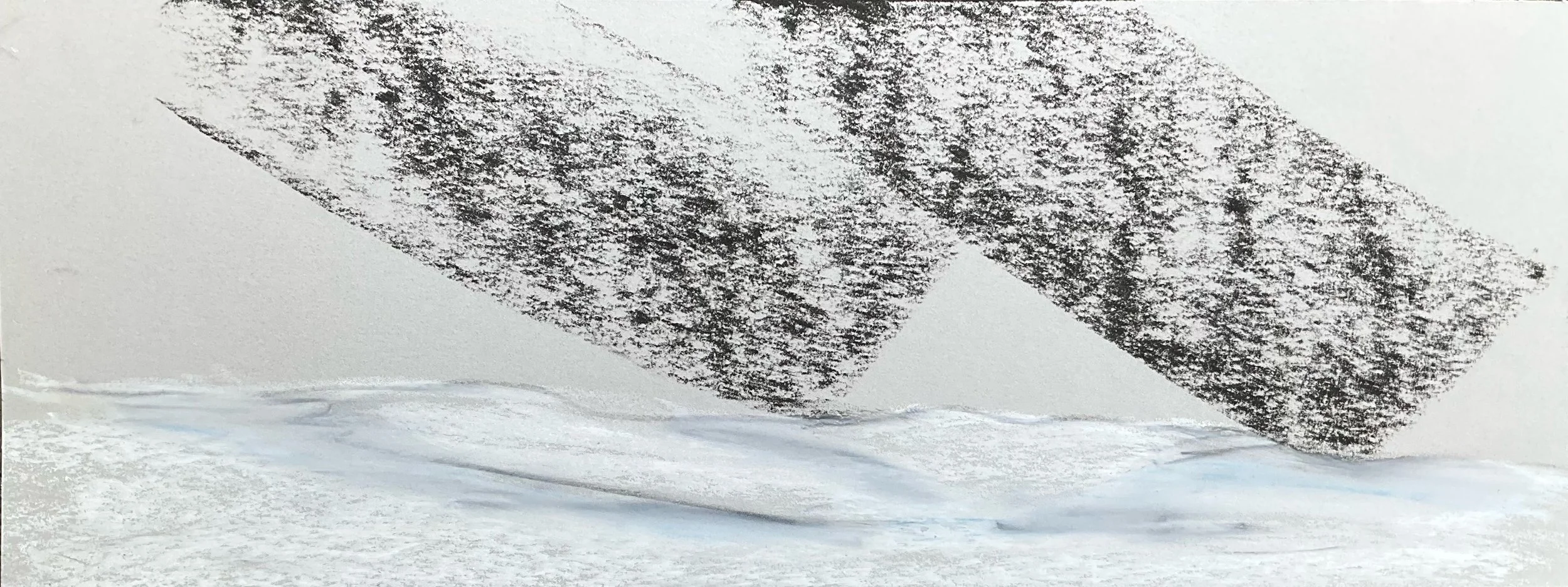 Two black rectangle blocks suspended upside down above a white and gray abstract background.