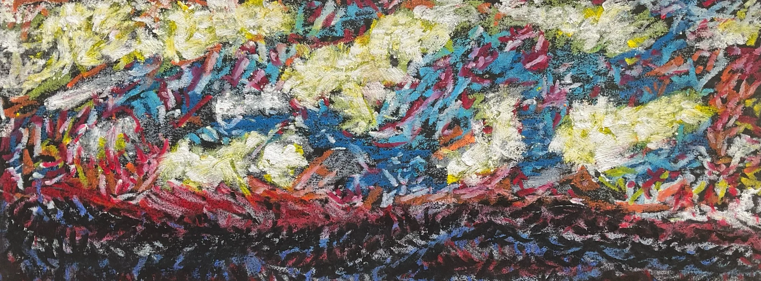 Close-up of an abstract, colorful painting with thick, textured brushstrokes in yellow, white, black, blue, red, pink, and orange hues.