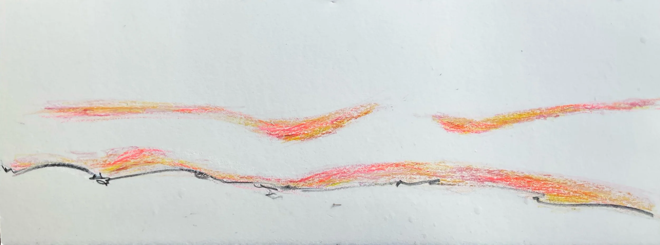 Colorful abstract drawing with black squiggly lines on a white background.