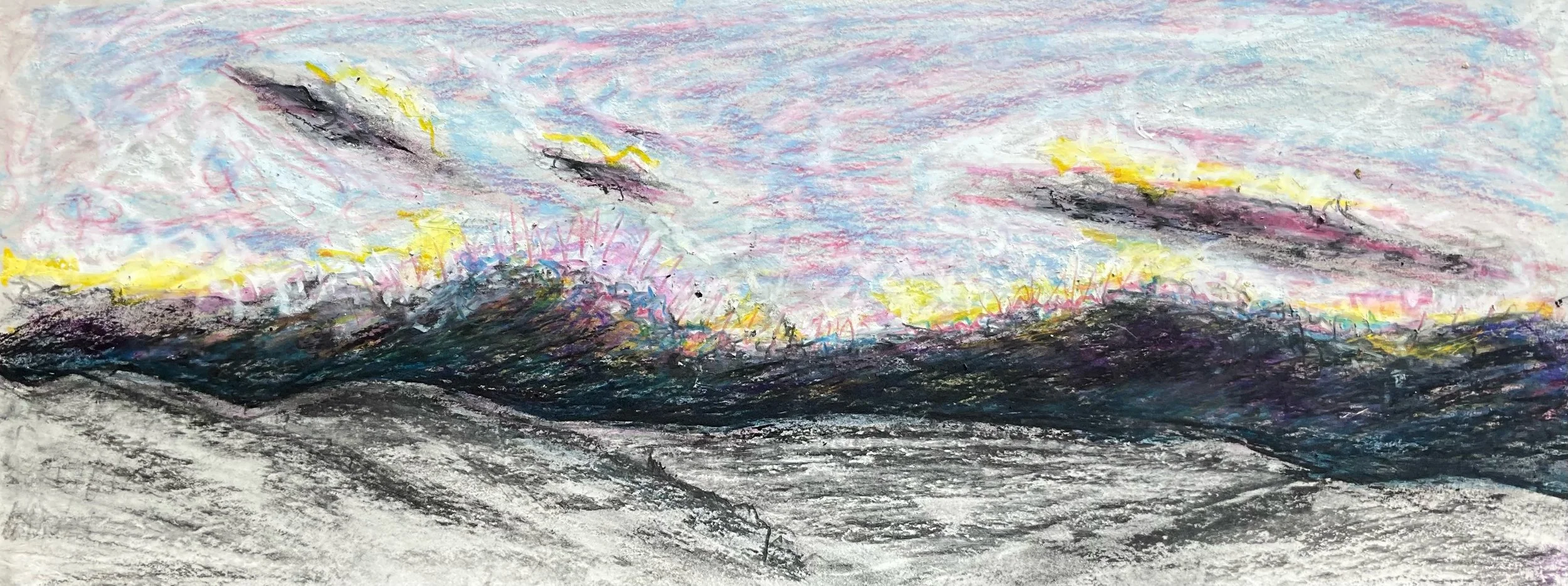 Colorful crayon drawing of waves crashing on the ocean shore with pink, yellow, blue, purple, and black clouds in the sky.