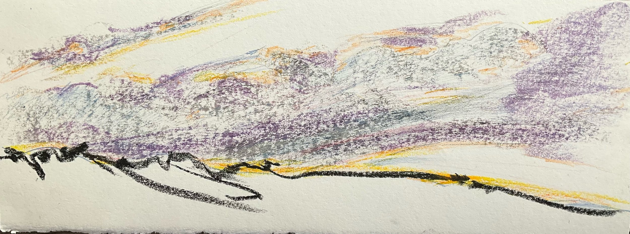 A landscape drawing of a cloudy sky with purple, yellow, and orange colors, along with black outlines of a horizon or terrain in the foreground.