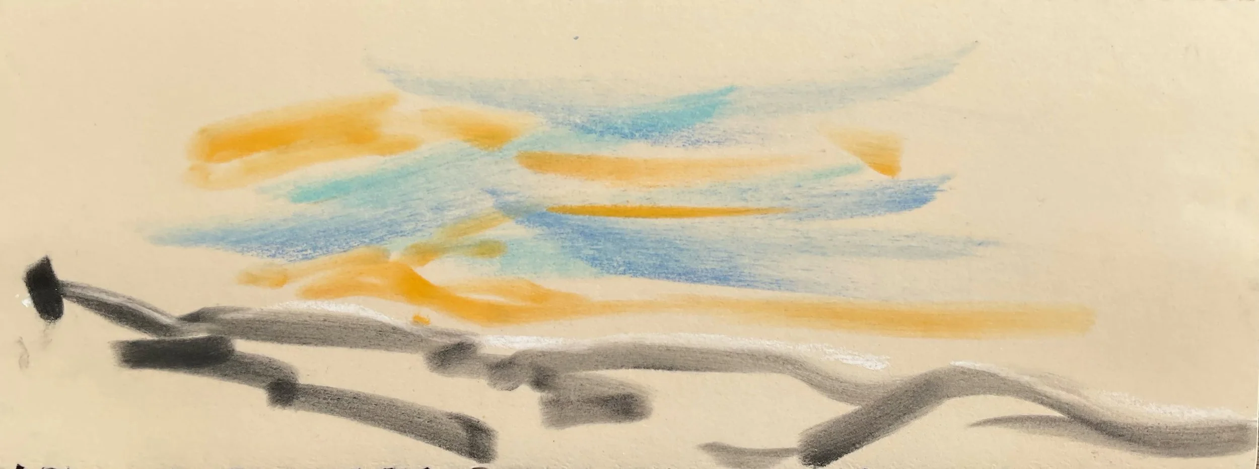 Abstract watercolor painting with black lines at the bottom, and blue, orange, and yellow strokes in the background.