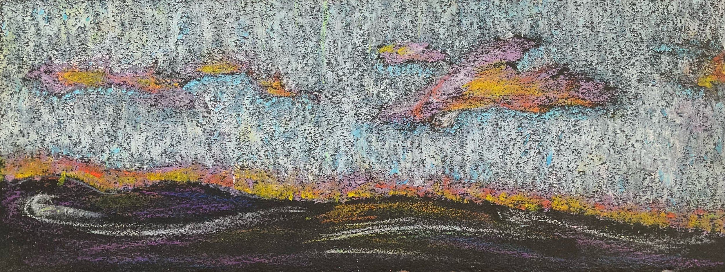 Pastel drawing of a scenic mountain landscape with colorful clouds, mountain peaks, and a winding river or road at the bottom.