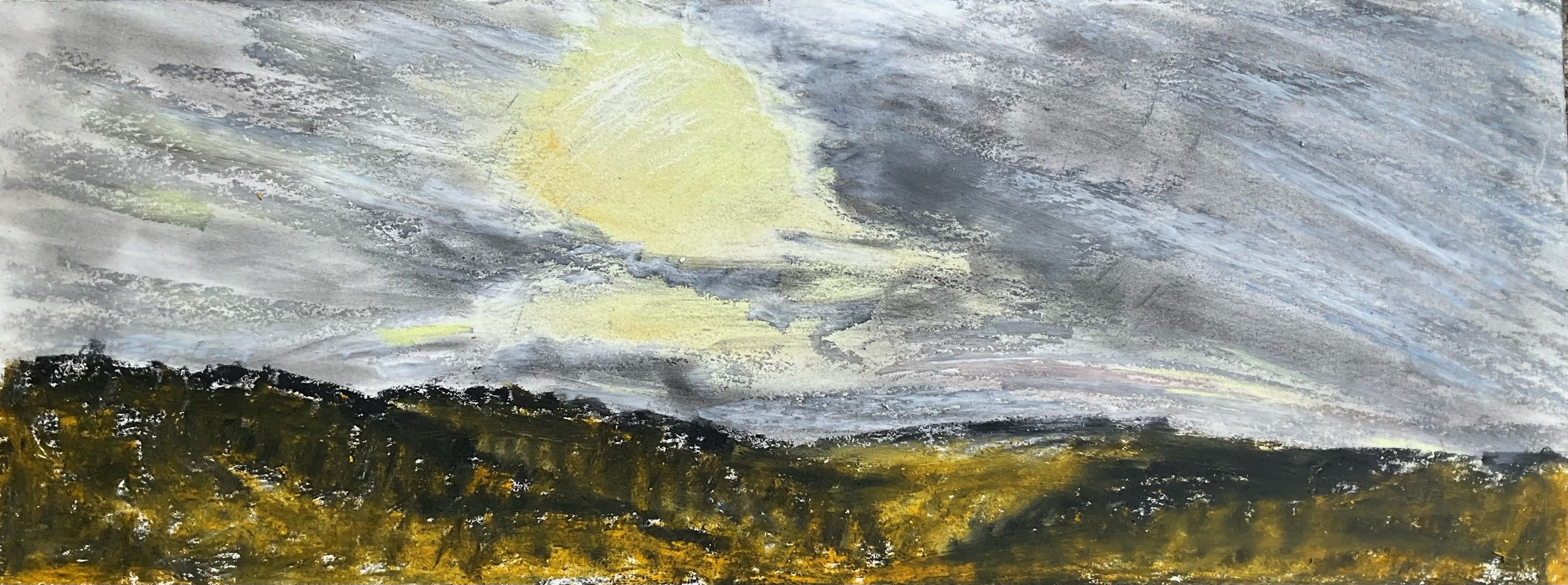 Painting of a cloudy sky over a dark, hilly landscape with hints of yellow in the foreground.