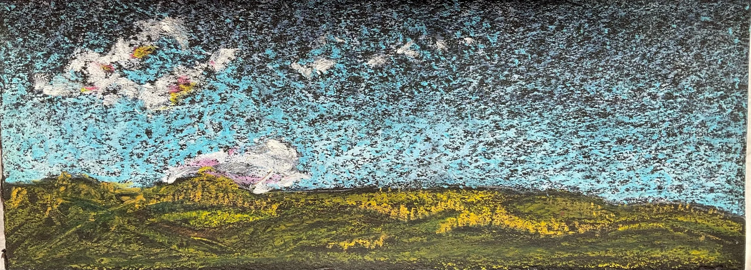 Pastel drawing of green hills under a blue sky with fluffy white clouds and pink-tinged clouds.