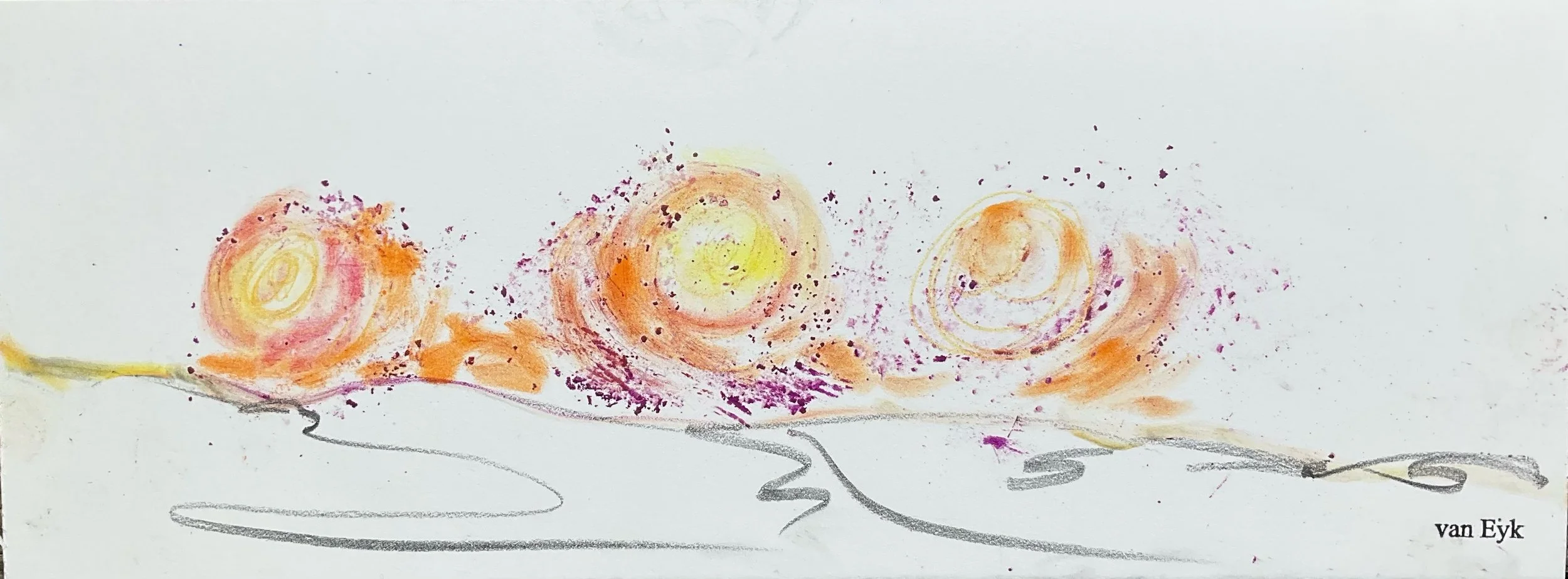 Abstract floral watercolor painting with three large orange and yellow roses, light purple splashes, and a gray zigzag line at the bottom, signed by van Eyk.