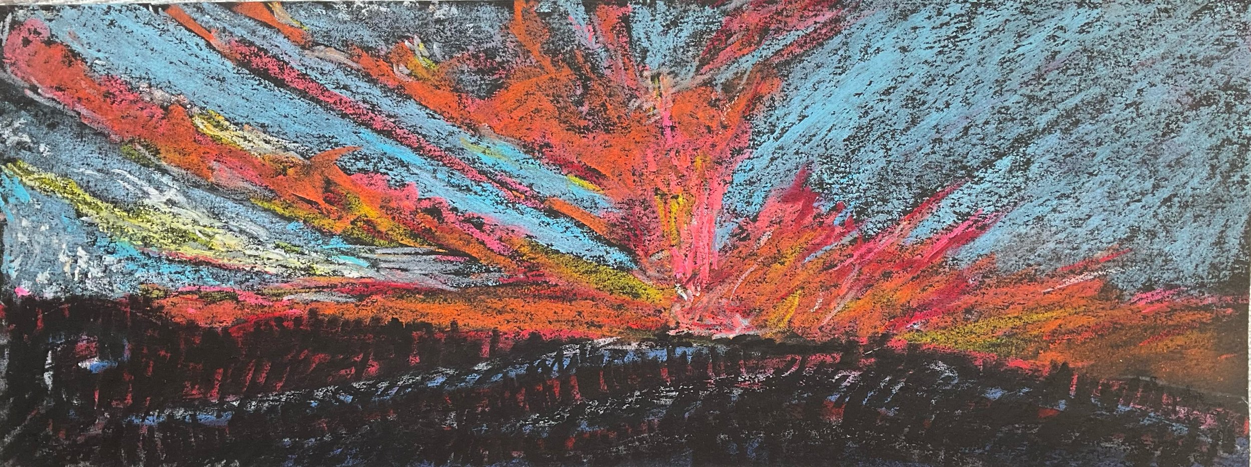 A colorful crayon drawing of a sunset with red, orange, yellow, blue, pink, and gray rays spreading across a black and dark gray land and sky.
