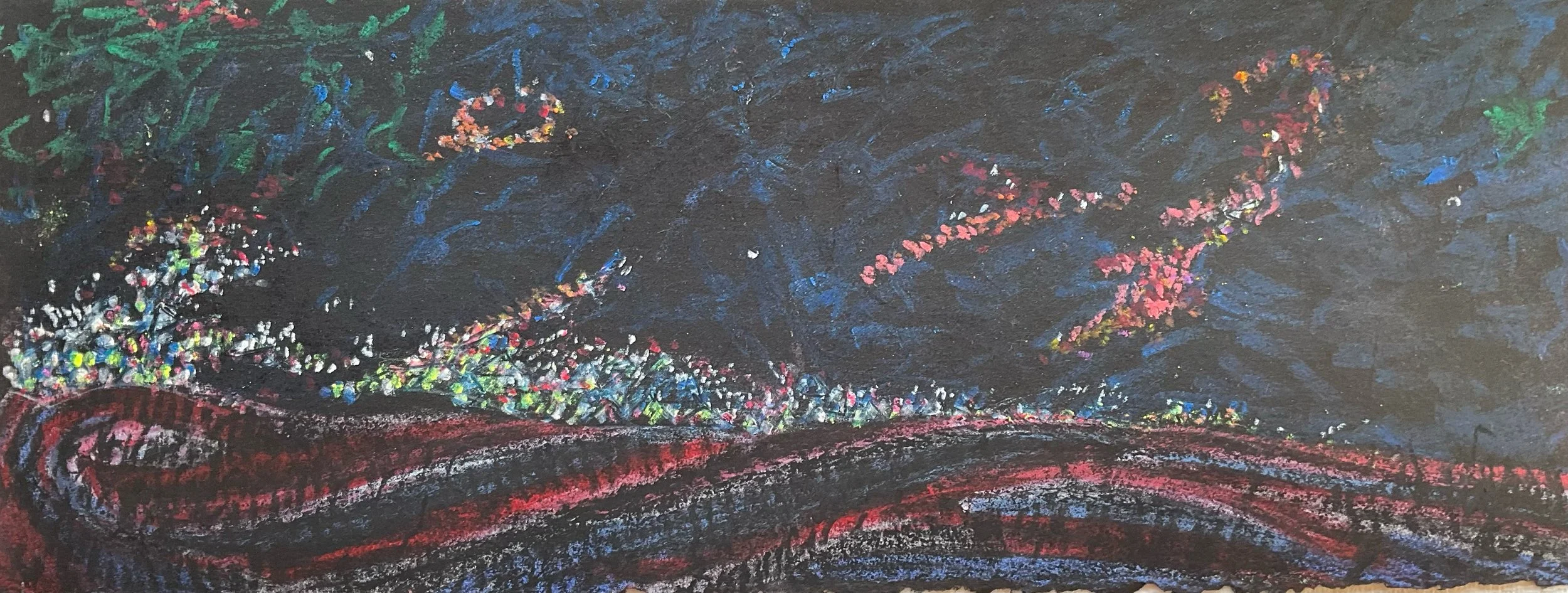 A colorful landscape painted with pastel crayons, featuring a dark sky with pink, green, blue, and white highlights, a complex winding reddish path or river in the foreground, and floral or plant-like textures along the horizon.