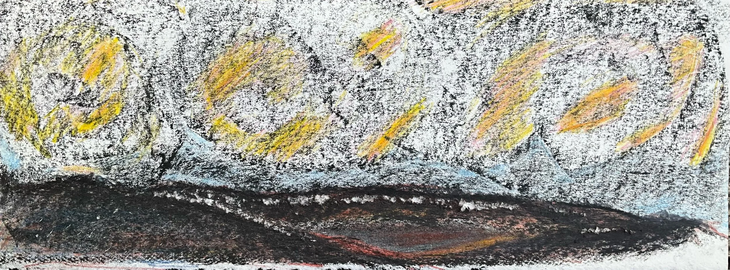 Colorful abstract drawing with yellow, pink, black, and blue strokes, resembling a landscape with mountains and sky.
