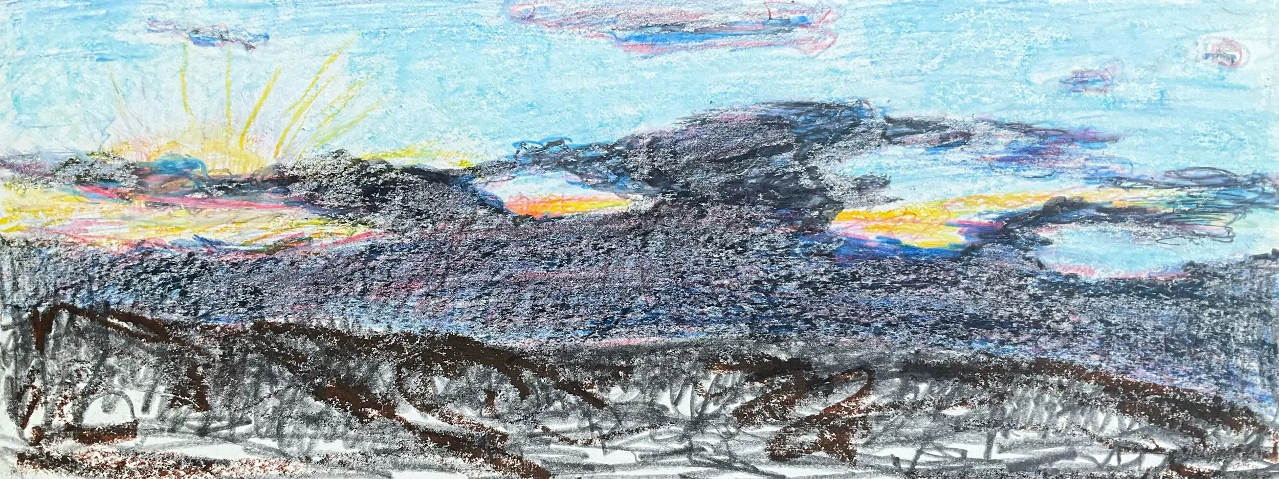 Colorful crayon drawing of a sunset with the sun partially hidden behind dark clouds, a blue sky, and black ground in the foreground.