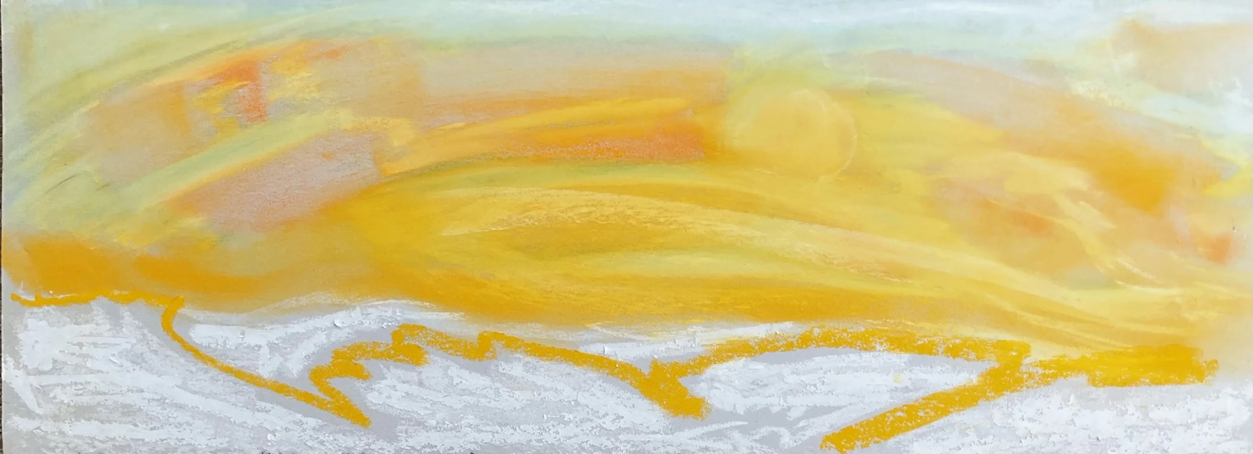 Abstract artwork with yellow, orange, and pastel colors, featuring mixed media textures and broad, flowing strokes.