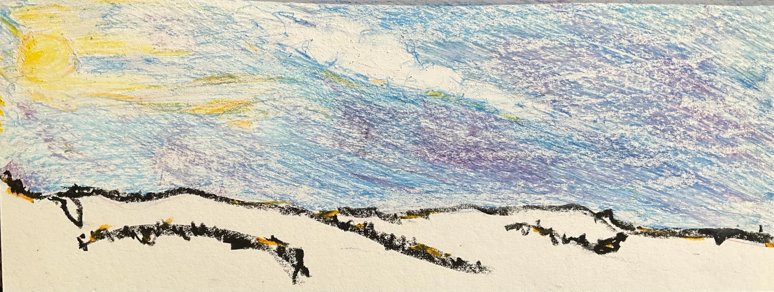 A horizon landscape drawing with a colorful sky and black mountain outline at the bottom.