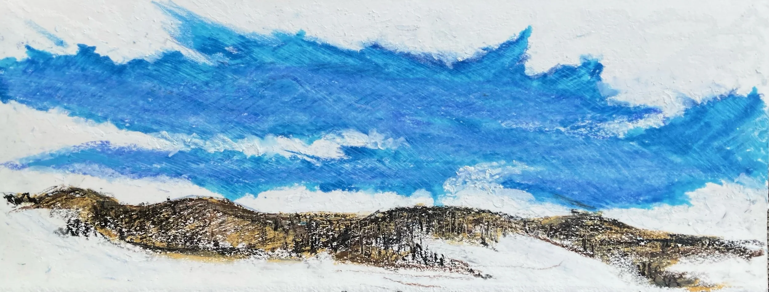 A landscape painting of snow-covered ground and rugged mountains with a bright blue sky.