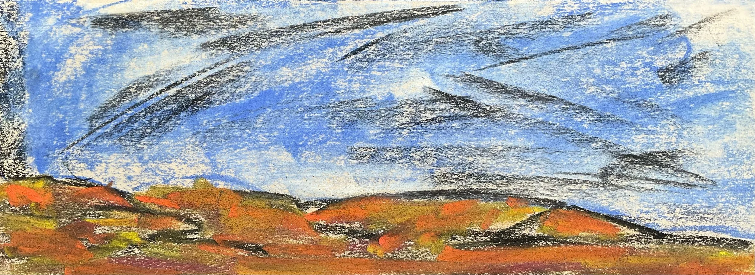Pastel drawing of mountains and colorful landscape under a blue sky with streaks of clouds.