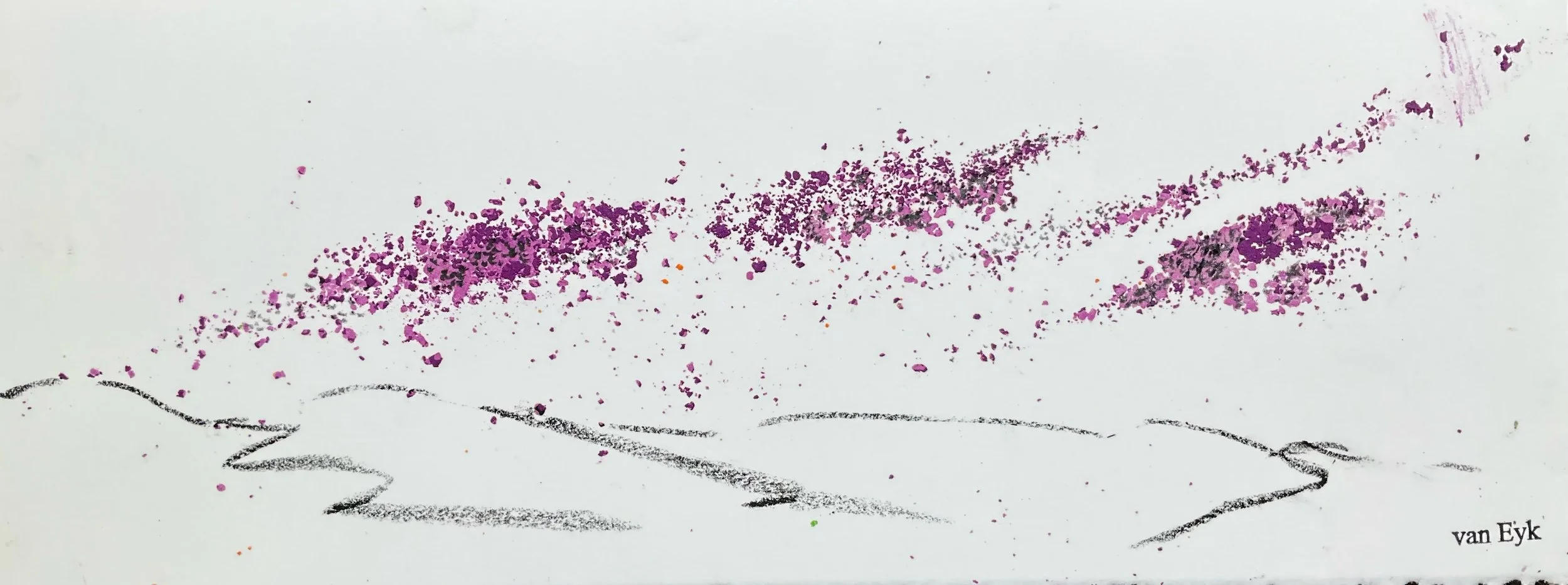 Abstract artwork featuring purple, pink, and black splatters and smudges on a white background with black squiggly lines at the bottom.