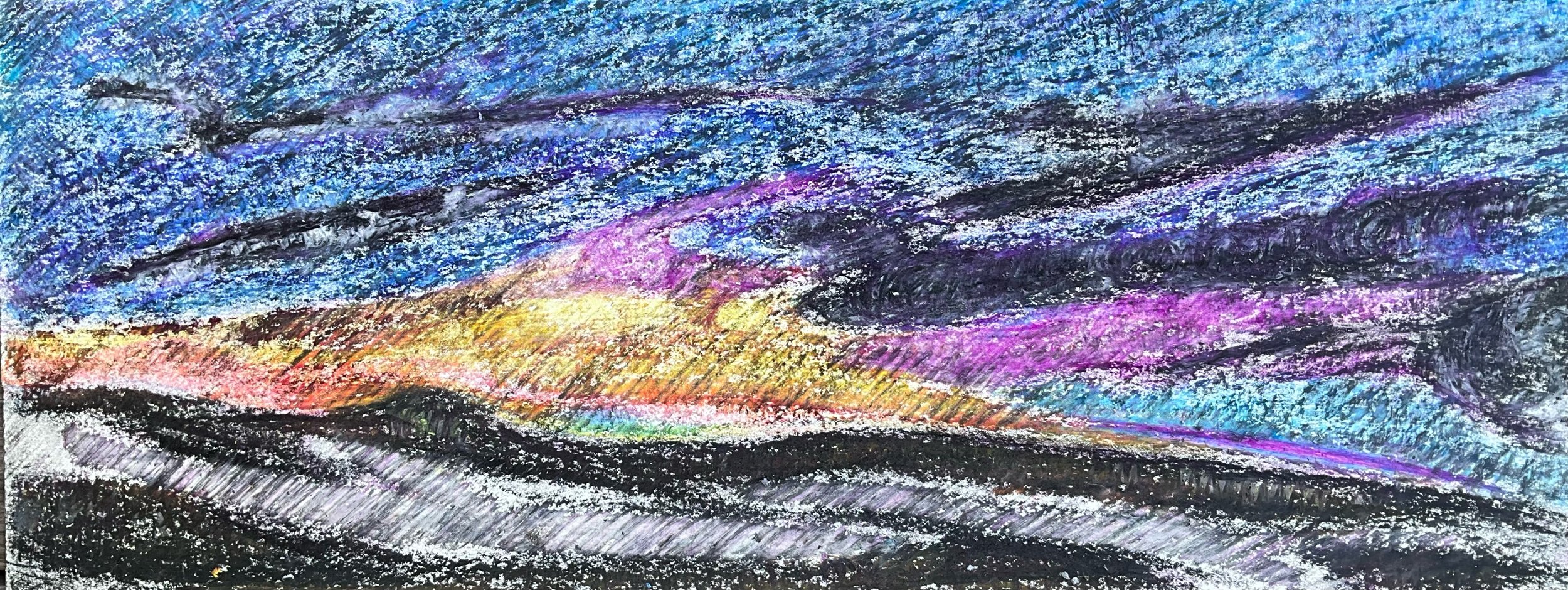 A colorful abstract landscape with dark foregrounds and vibrant sky hues of blue, purple, pink, and yellow.