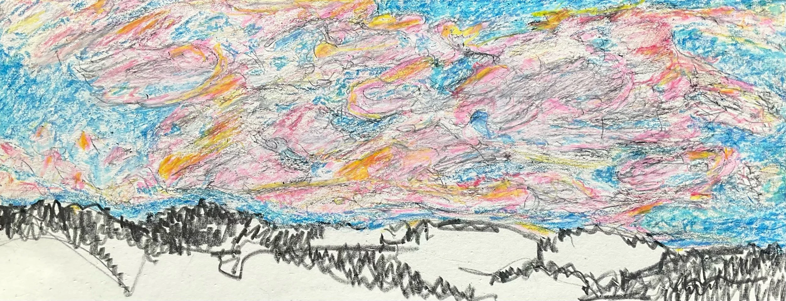A colorful, abstract drawing of a sunset or sunrise with clouds in shades of pink, yellow, blue, and gray above a dark silhouette of mountains or trees.