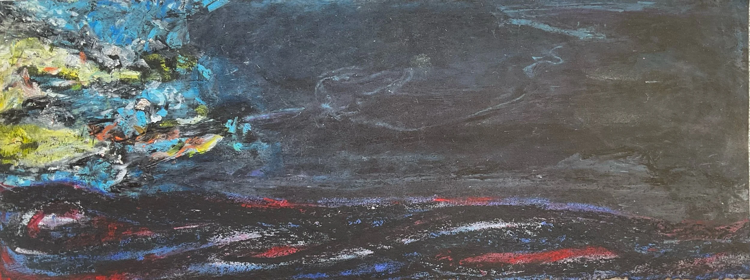 Abstract painting with dark and vibrant colors, featuring textured brushstrokes in blue, green, red, and yellow against a black and gray background.