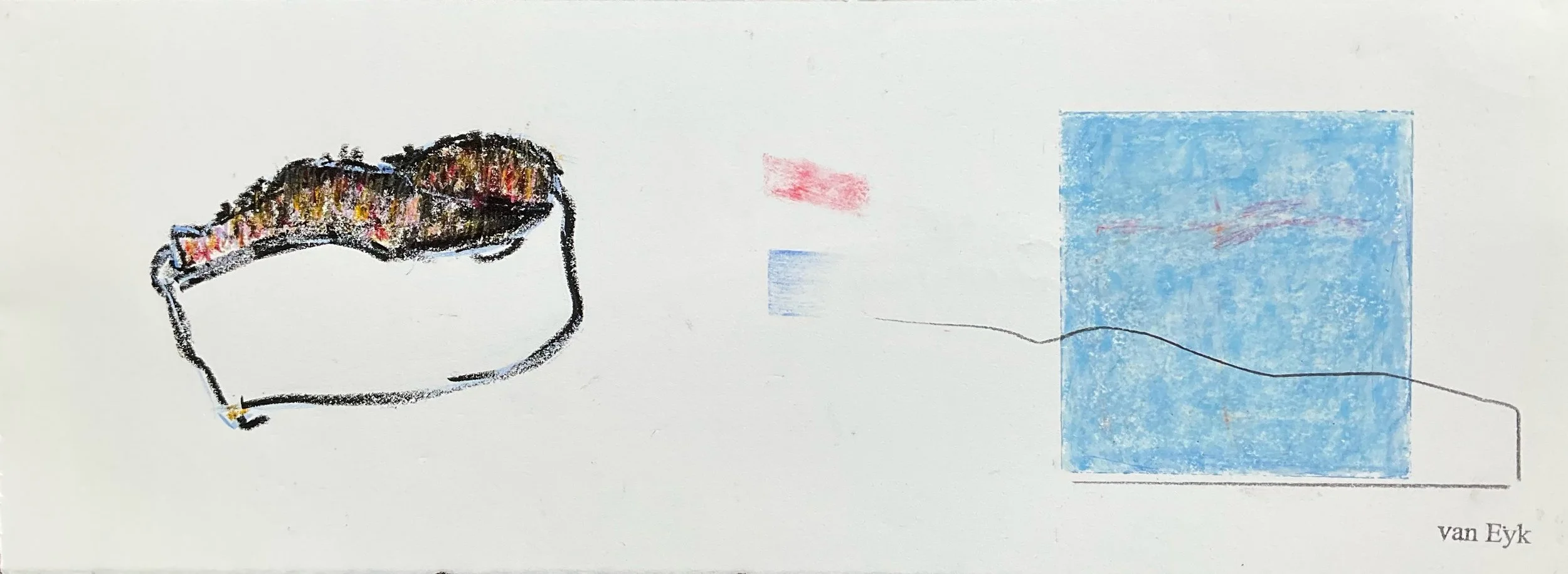 A child's drawing of a hedgehog, a red shape, a blue rectangle with red lines, and a black line connecting them, with the name 'van Eyk' written in the bottom right corner.