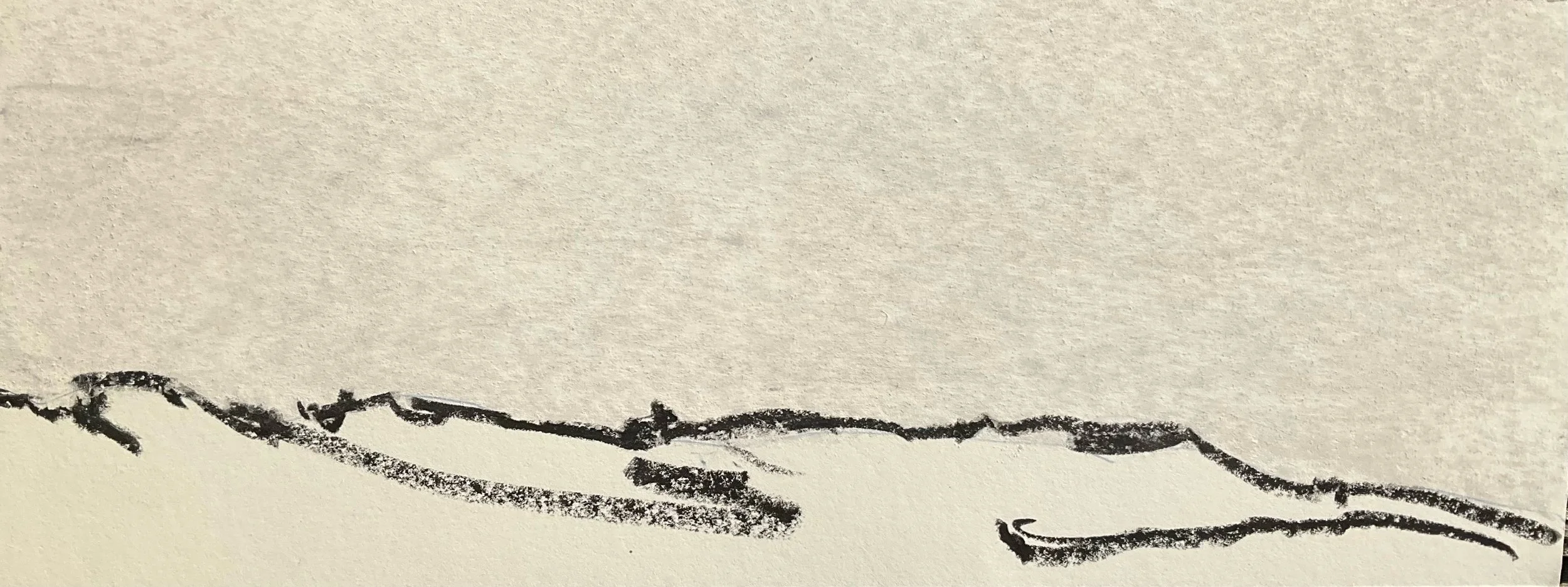 A simple black ink sketch of a hand holding a small object on a beige textured background.