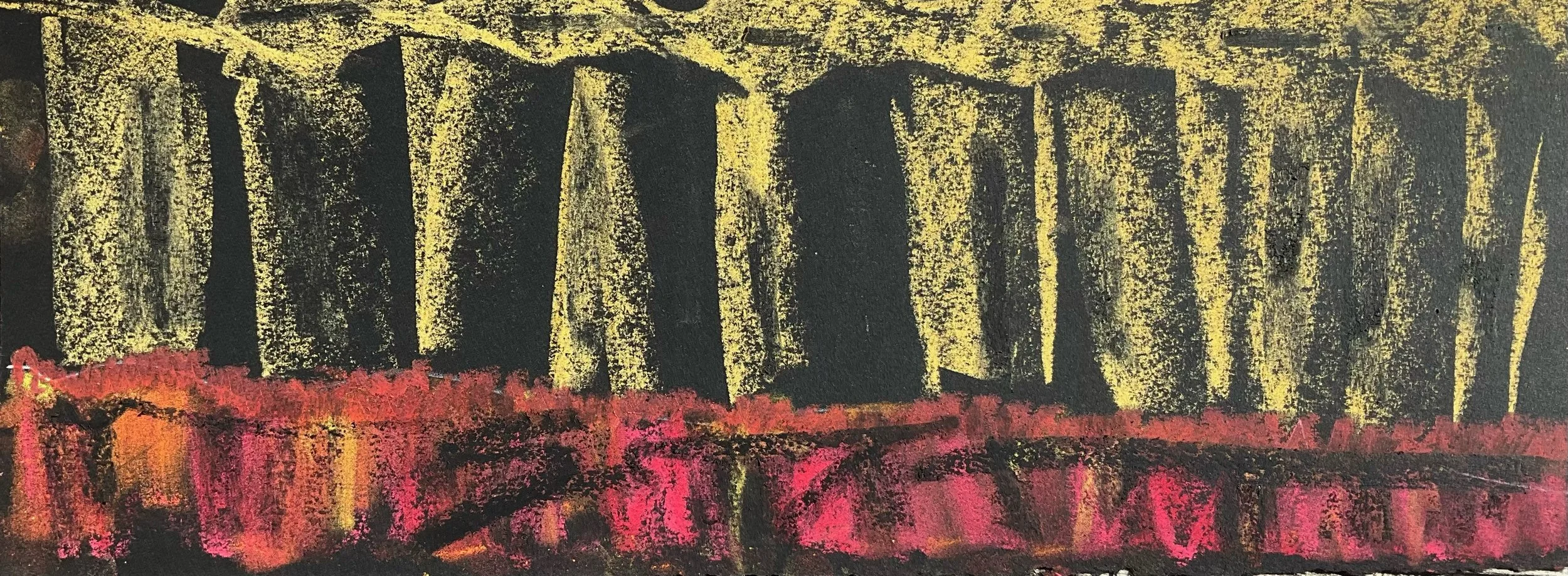 A colorful abstract painting featuring tall black structures, with yellow highlights and a red and pink textured base.