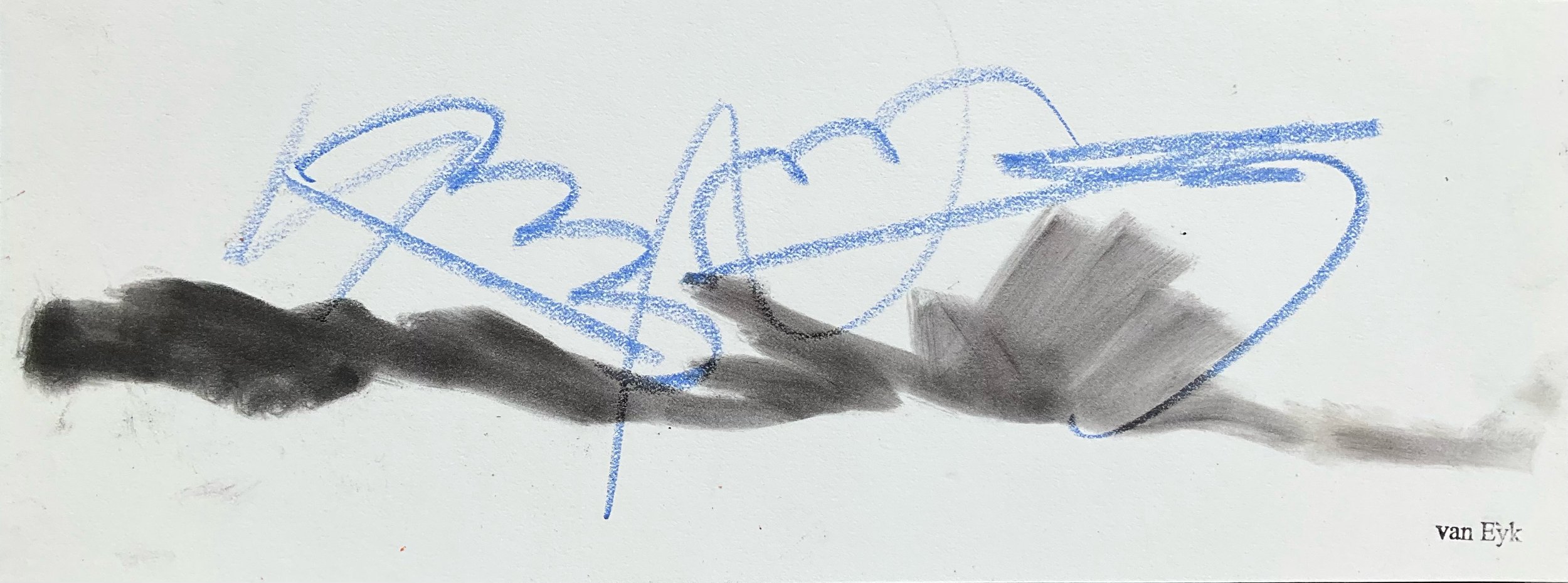 A child's drawing of a blue crayon sketch with black and gray shading underneath, signed 'van Eyk' in the bottom right corner.