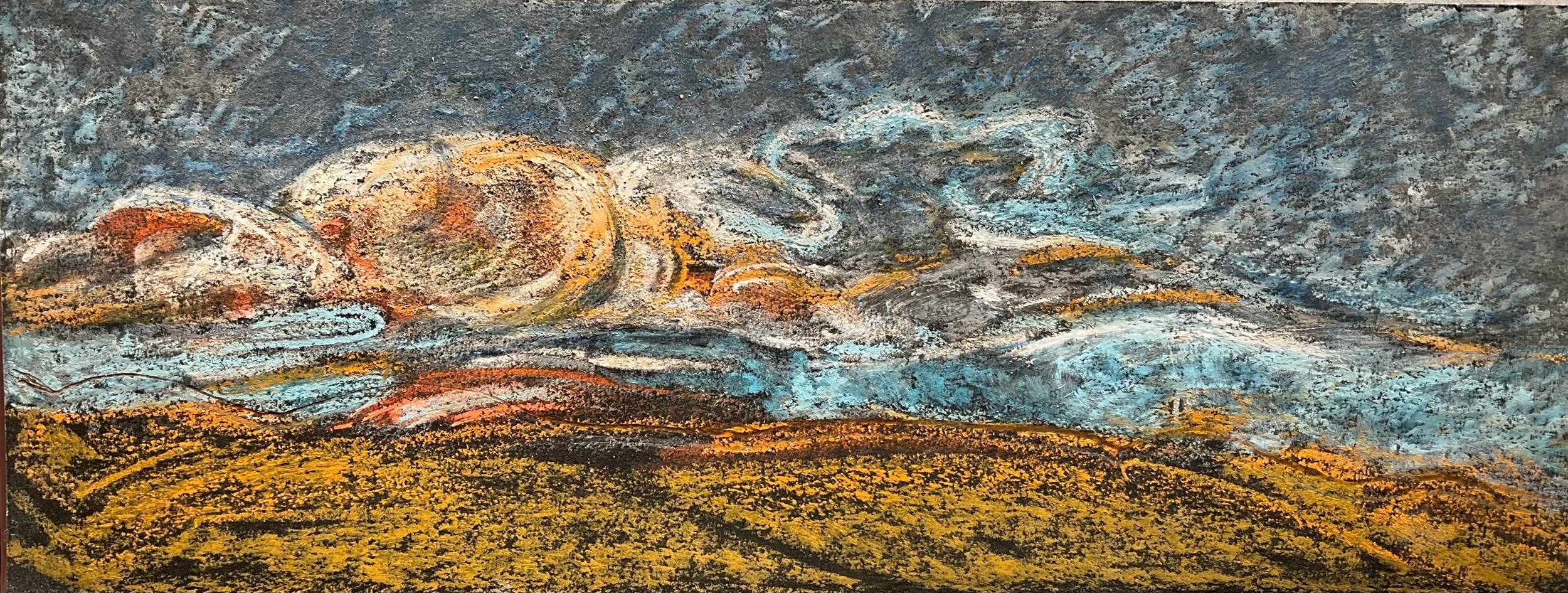 An abstract landscape painting depicting a sky with clouds in shades of gray, blue, and white, and a yellow and black textured field in the foreground.