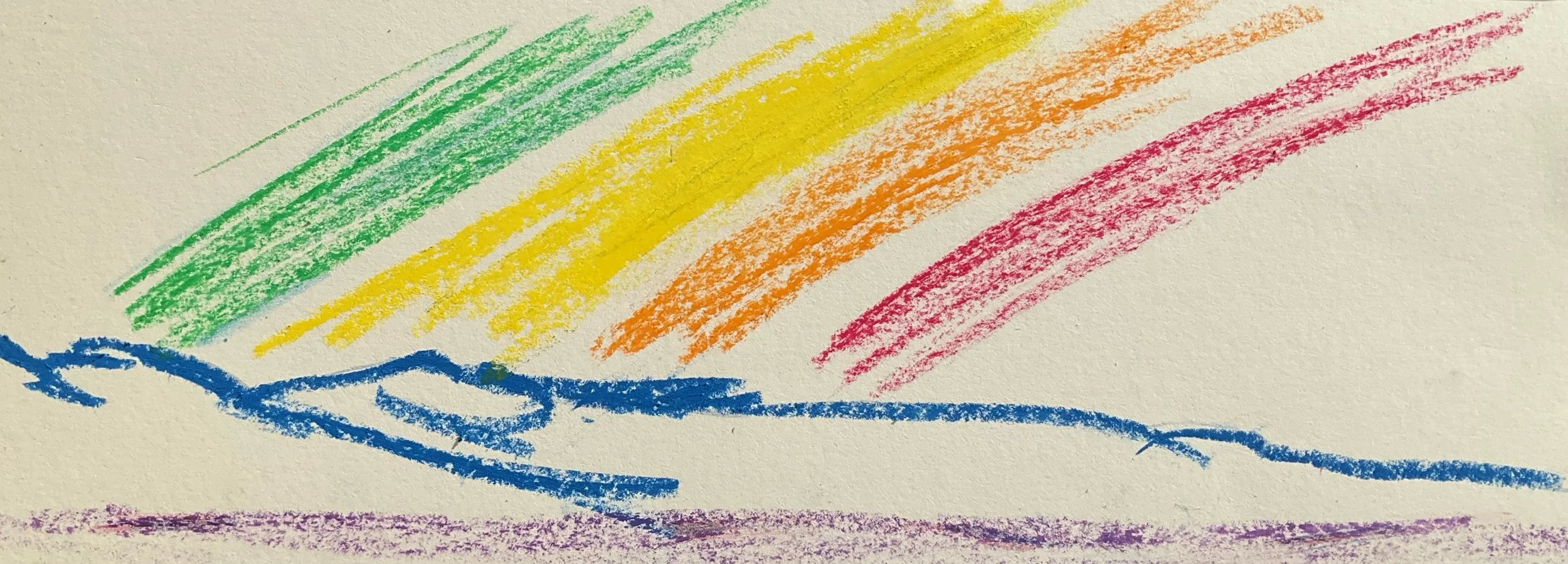 Colorful crayon drawing of a rainbow with six arcs in green, yellow, orange, pink, purple, and blue above a blue wavy line.
