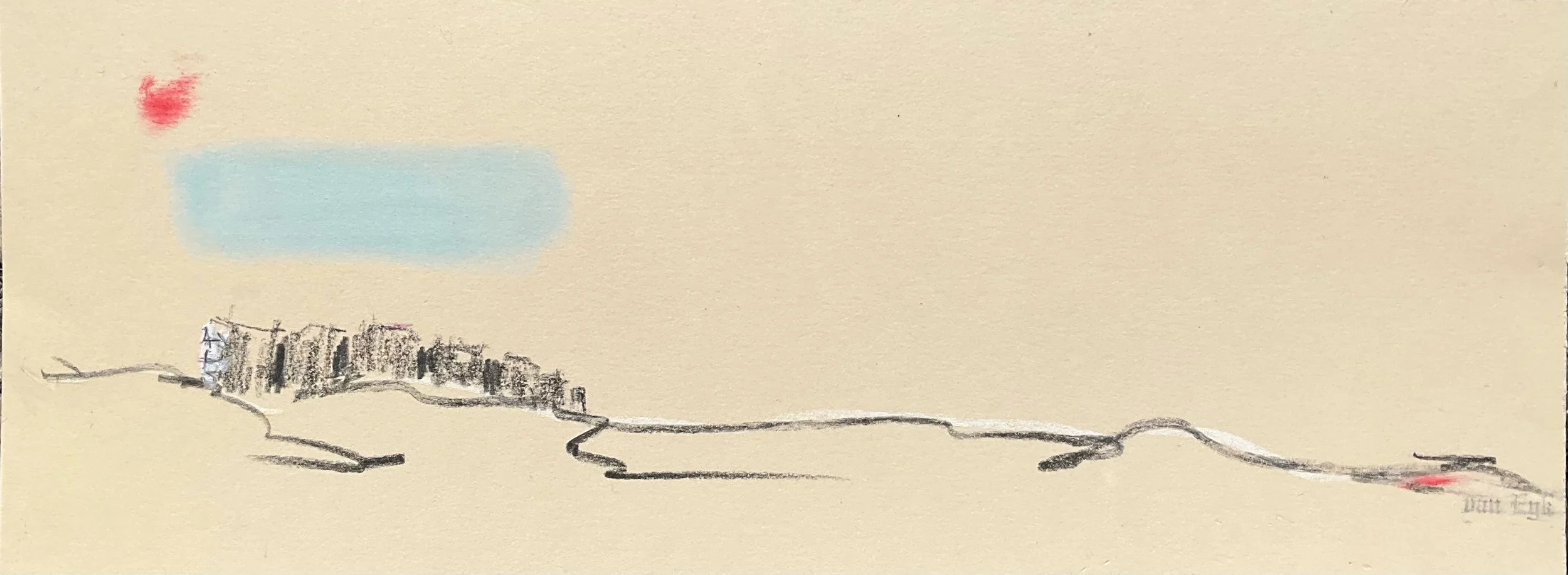 A minimalistic sketch of a coastal landscape, featuring a small cluster of buildings on a hill, a light blue cloud in the sky, and a faint red spot in the upper left corner.