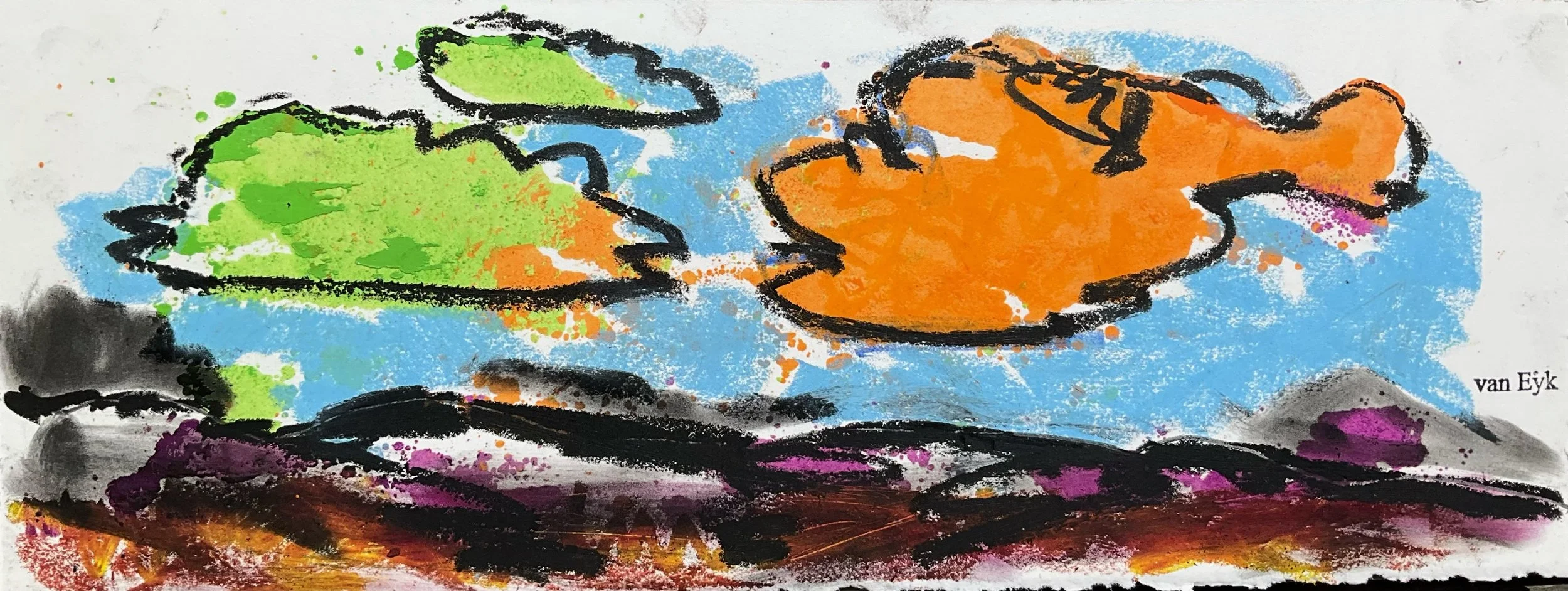 Colorful abstract painting of two orange and green leaves on a blue and white background, with black outline and splashes of purple, red, and black at the bottom, signed 'van Eyk' in the lower right corner.