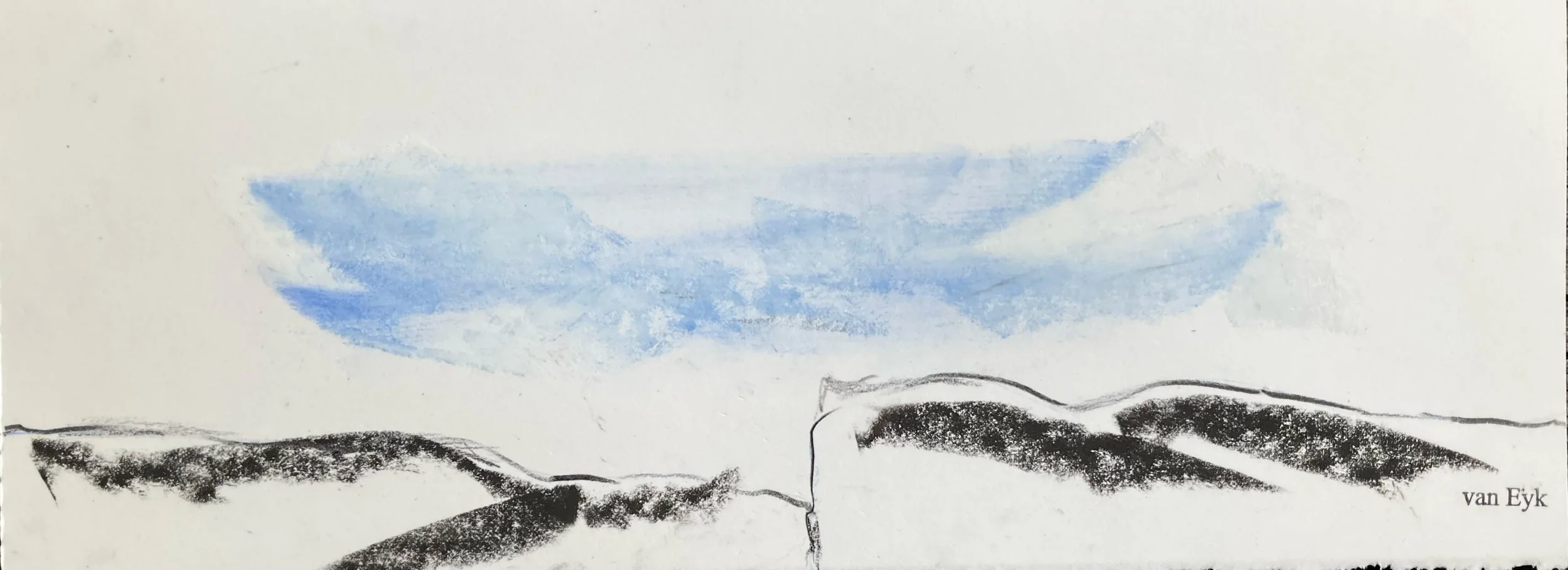 A minimalist landscape drawing of large hills with a cloudy sky above, signed van Eyk.
