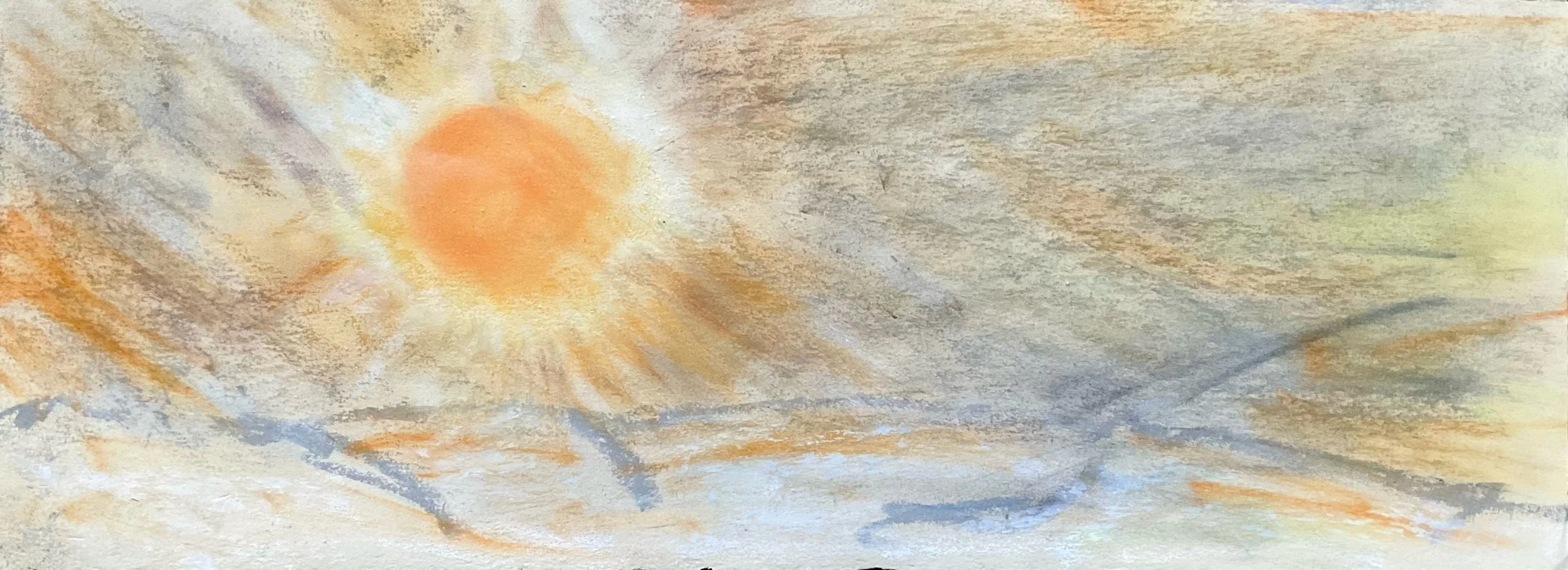 Watercolor painting of a bright sun in the sky above a landscape with soft colors and flowing lines.