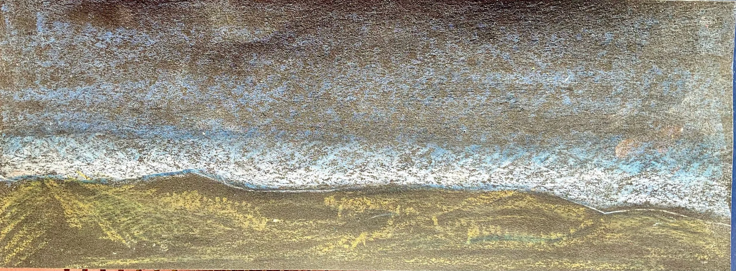 A landscape drawing featuring mountains at the bottom with a largely textured sky above. The sky has a pattern that resembles clouds or snowfall, and the mountains are depicted in earthy tones with some yellowish highlights.
