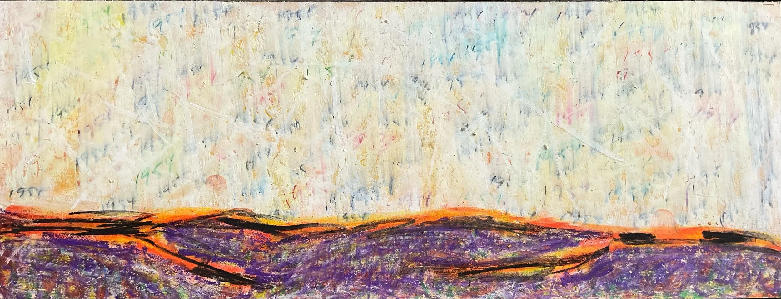 Abstract landscape painting with a purple and orange horizon and a multicolored sky.