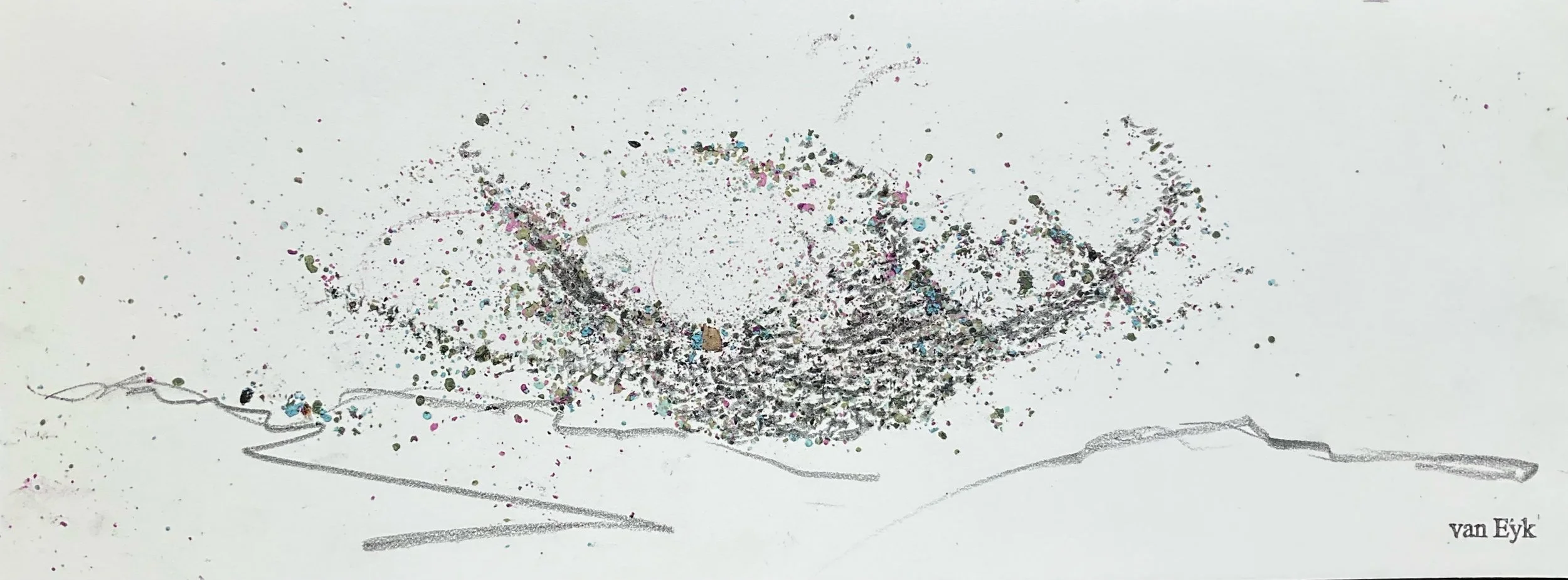 Abstract artwork of a butterfly made with various colored specks and lines on white background, signed 'van Eyk' in the bottom right corner.