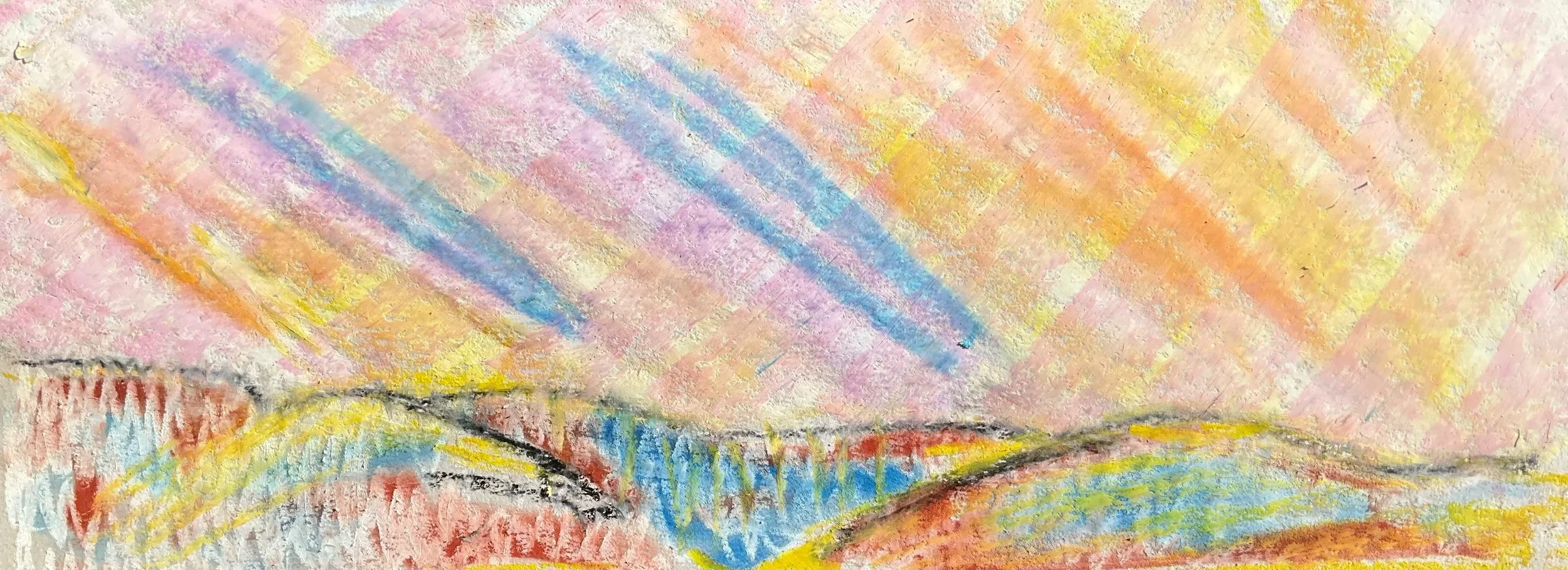 A colorful landscape drawing, featuring pastel hills and a sky with streaks of pink, yellow, blue, and purple, created with crayon or pastel.