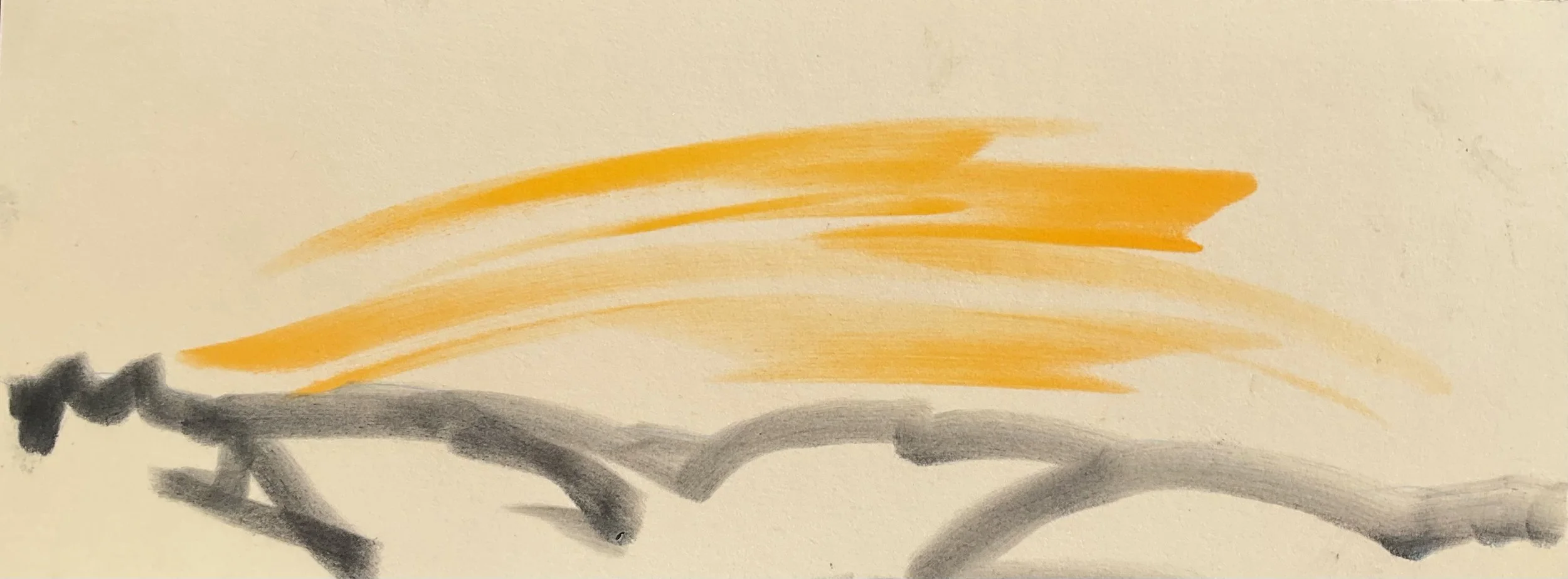 Abstract watercolor painting with black, gray, and orange streaks on beige background.