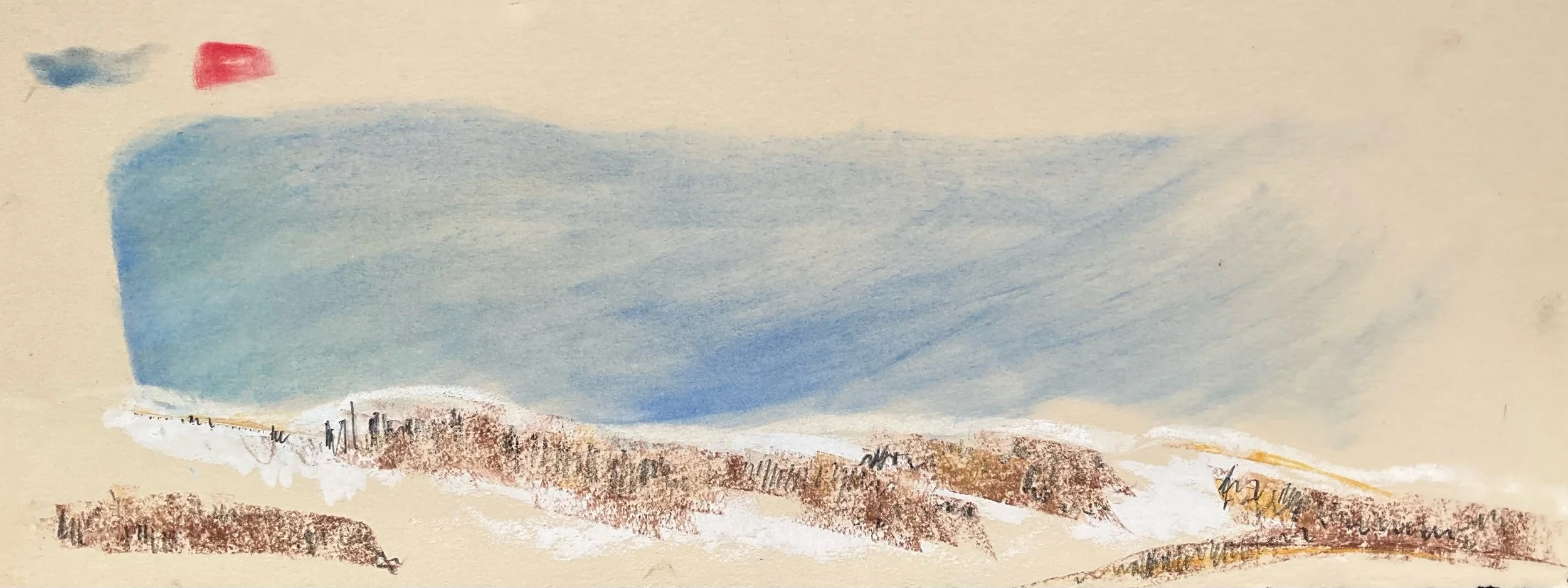 Abstract watercolor painting with blue sky, brown land, and red and blue shapes in the top left corner.